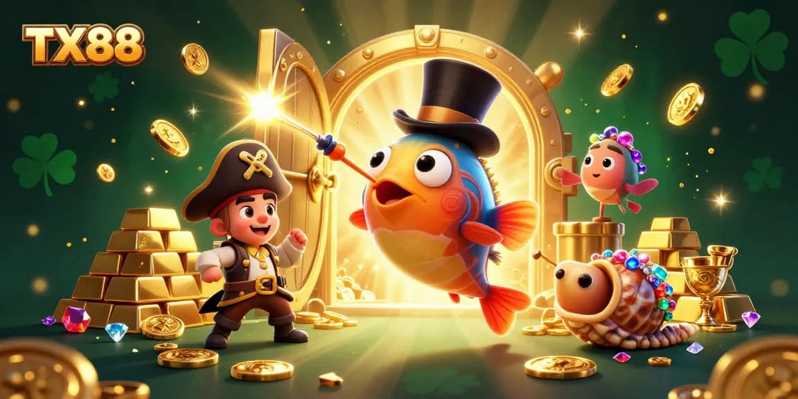 Win big with TX88 in a vibrant casino scene featuring rich character illustrations and whimsical elements.