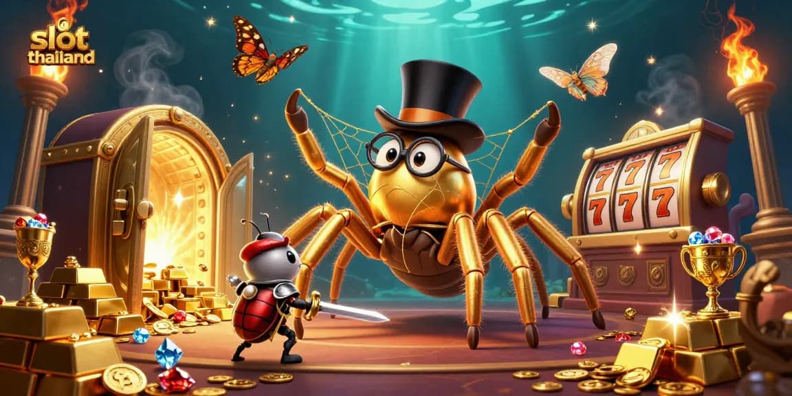 Engage with slot thailand visuals as a golden tarantula weaves an enchanting casino scene.