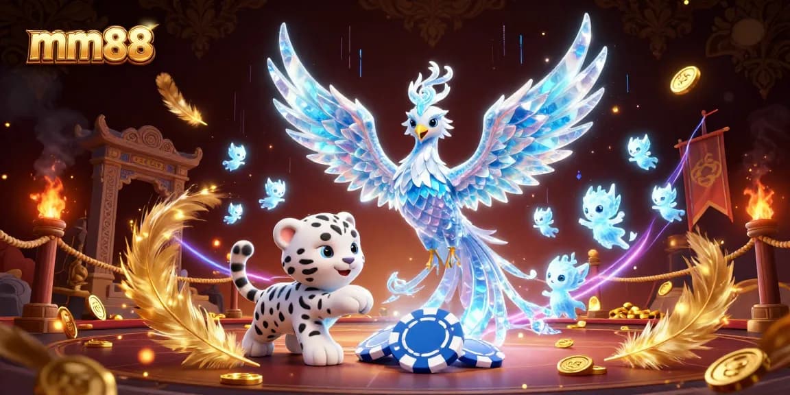 Engage with exciting games at mm88, where a mystical phoenix and playful cub bring your gambling experience to life.