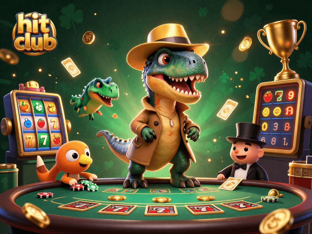 Experience thrilling gaming action at hit club with a velociraptor card counter and a suspicious stegosaurus pit boss.