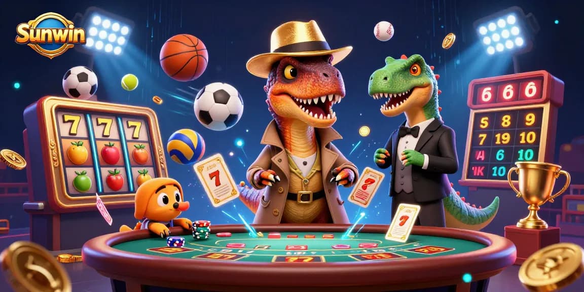 Sunwin's thrilling blackjack table features a velociraptor card counter amid dynamic casino action.