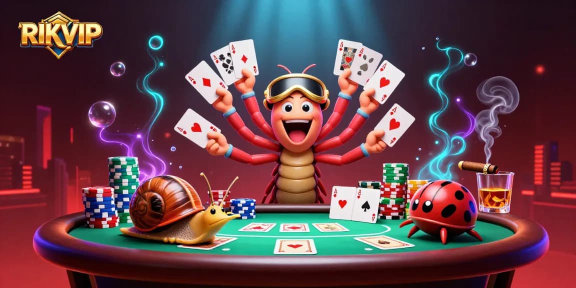 Engage with RIKVIP's vibrant casino scene featuring a colorful dealer and unique characters.
