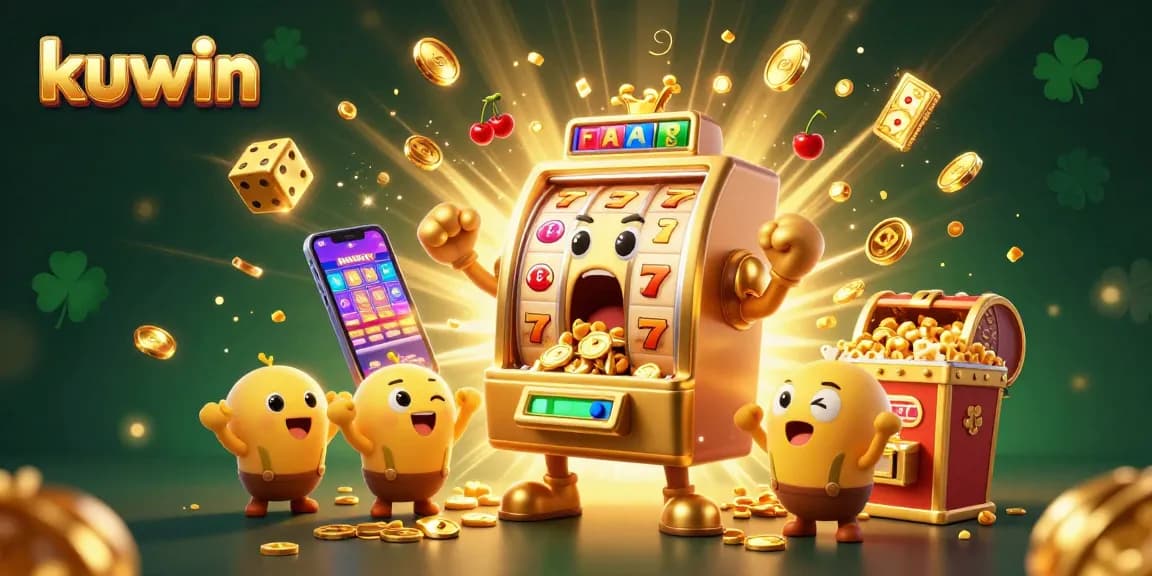 kuwin slot machine celebrating winning jackpot with gold coins, cheering devices, and dynamic casino elements