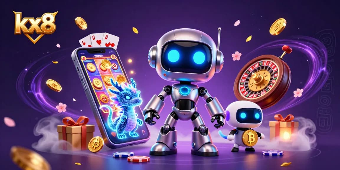 Experience the vivid kx8 gaming adventure with a cyberpunk robot and dragon in a vibrant casino world.