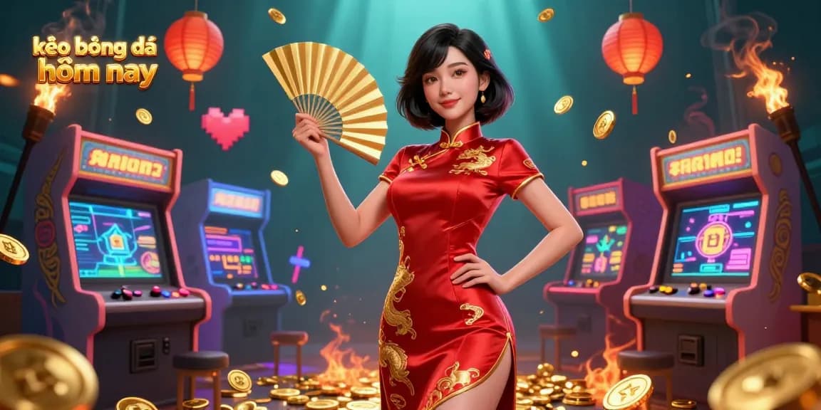Place your bets with kèo bóng đá hôm nay as vibrant coins and lanterns surround a confident Asian woman in a qipao.