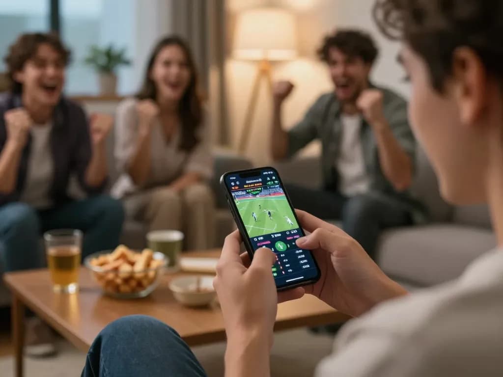 Engaged bettor using FABET app on smartphone during live sports event at home.