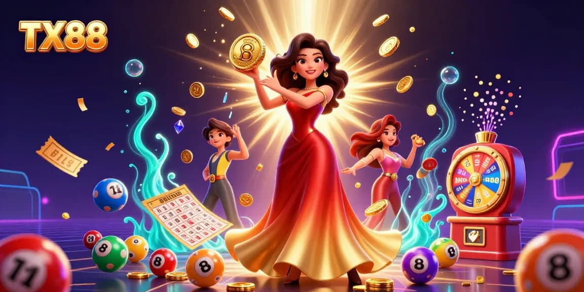Engage with TX88 deluxe casino experience featuring a majestic Asian woman amid coins and vibrant games.