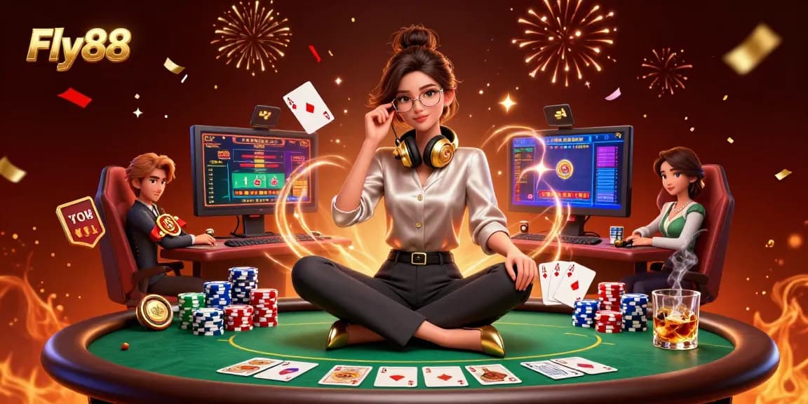 Experience thrilling action at Fly88 with a professional gamer at her high-tech casino setup.