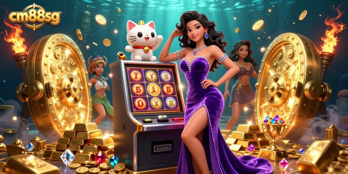 Experience the thrilling slots at cm88sg with a glamorous woman celebrating a jackpot, surrounded by fortune and gems.