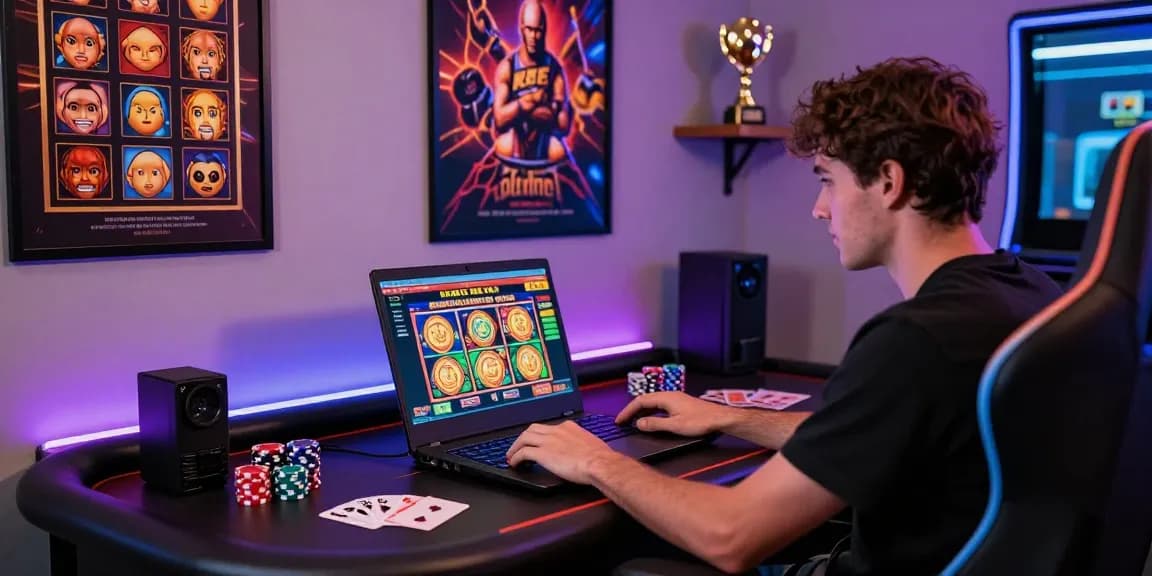 Player enjoying new online slot sites with colorful graphics and poker chips in a modern gaming setup