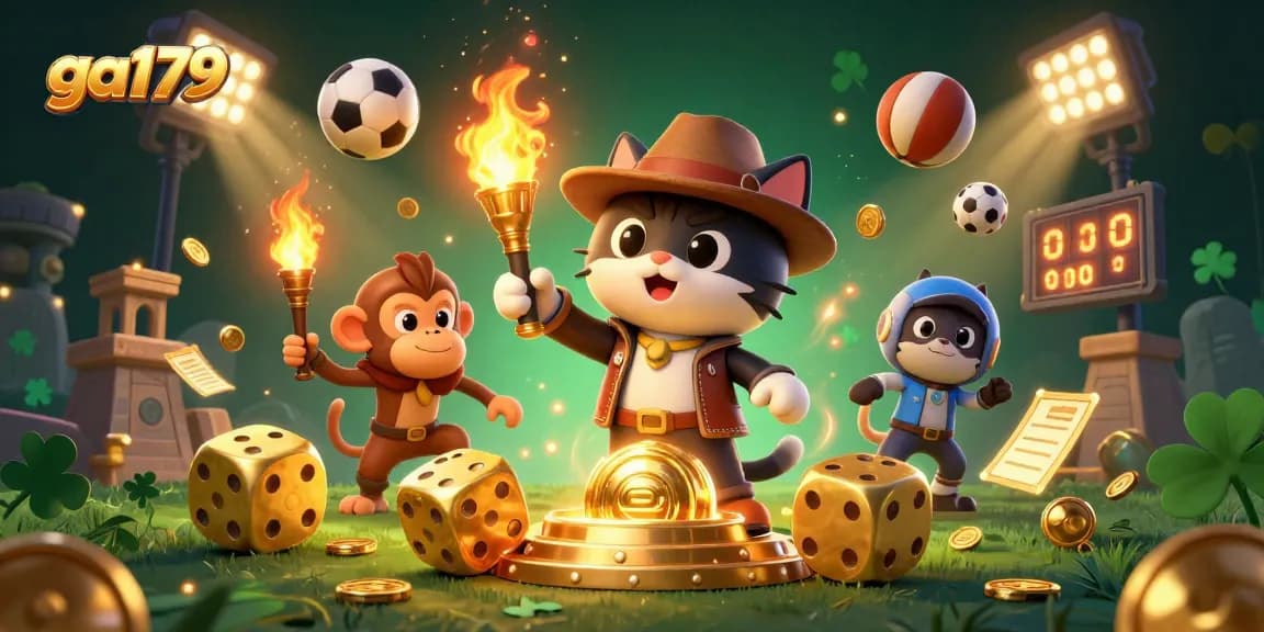 Experience thrilling wins at ga179 with a cartoon archaeologist cat and golden casino artifacts.