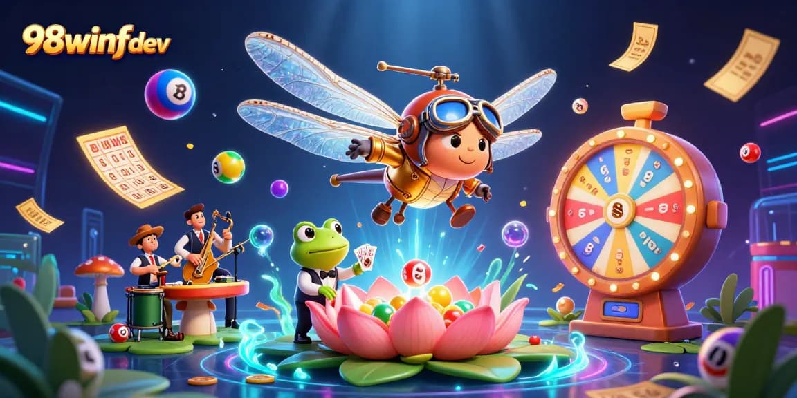 Experience exciting gameplay with 98winf dev at a vibrant lily pad casino featuring unique characters and lively elements.