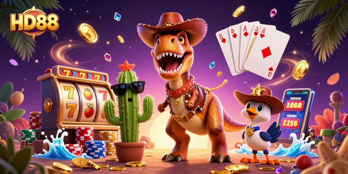 Engage in thrilling gameplay with HD88 at a vibrant casino, featuring animated characters and slot machines.