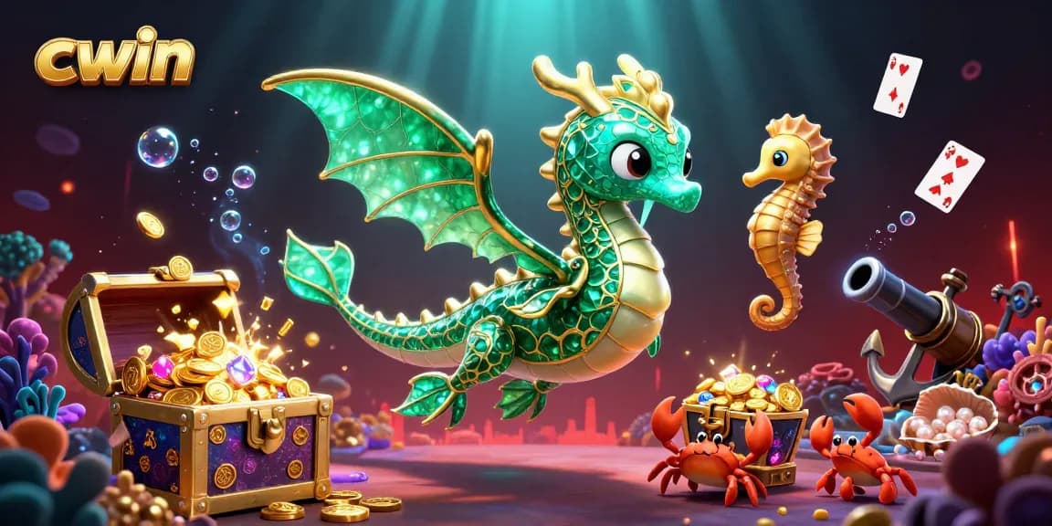 Cwin promotes a vibrant underwater casino scene with a sea dragon and treasure chest