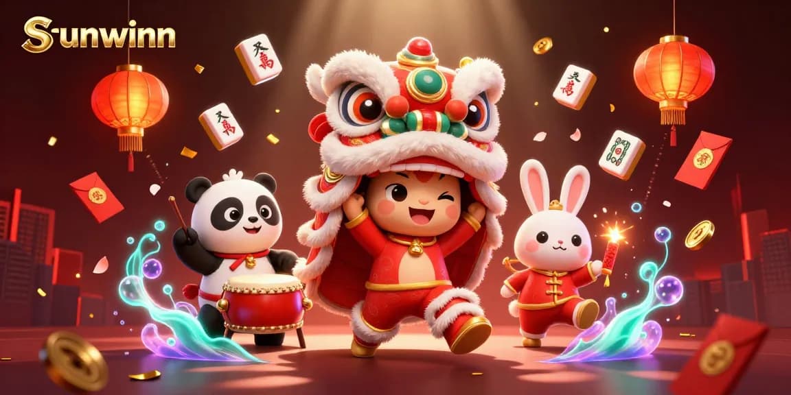 Experience the thrill of sunwinn with a vibrant 3D illustration of a lion dance, lucky symbols, and festive elements.