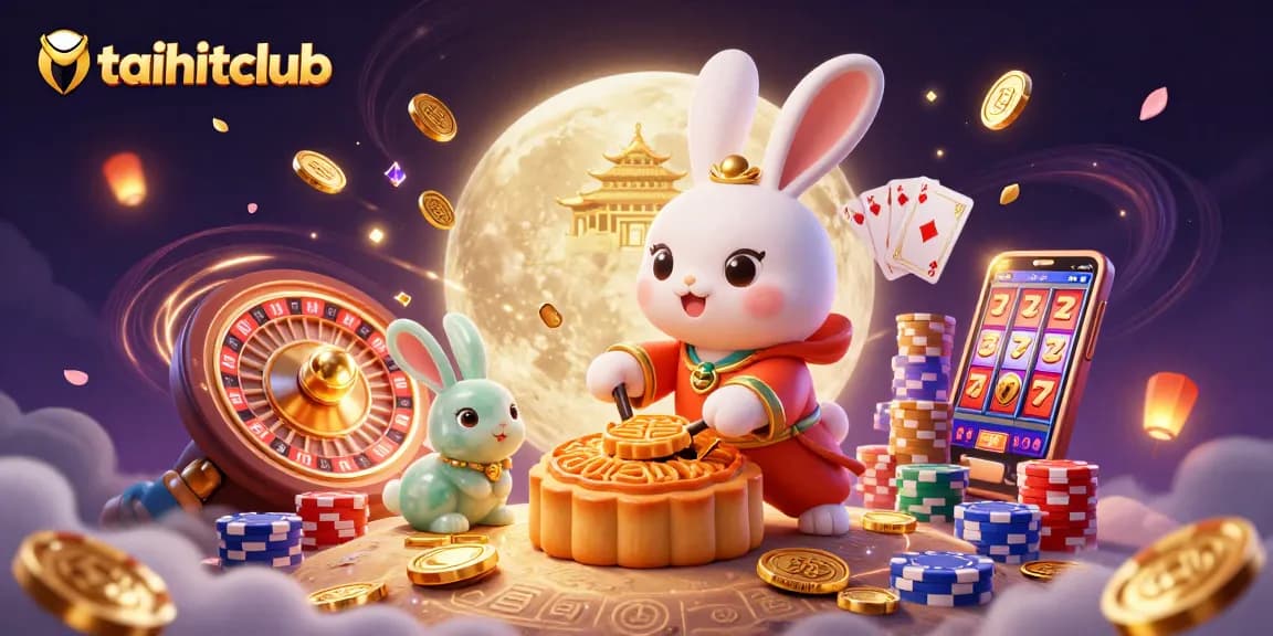 Bet on taihitclub with a vibrant scene of a moon rabbit revealing poker chips amidst casino elements.