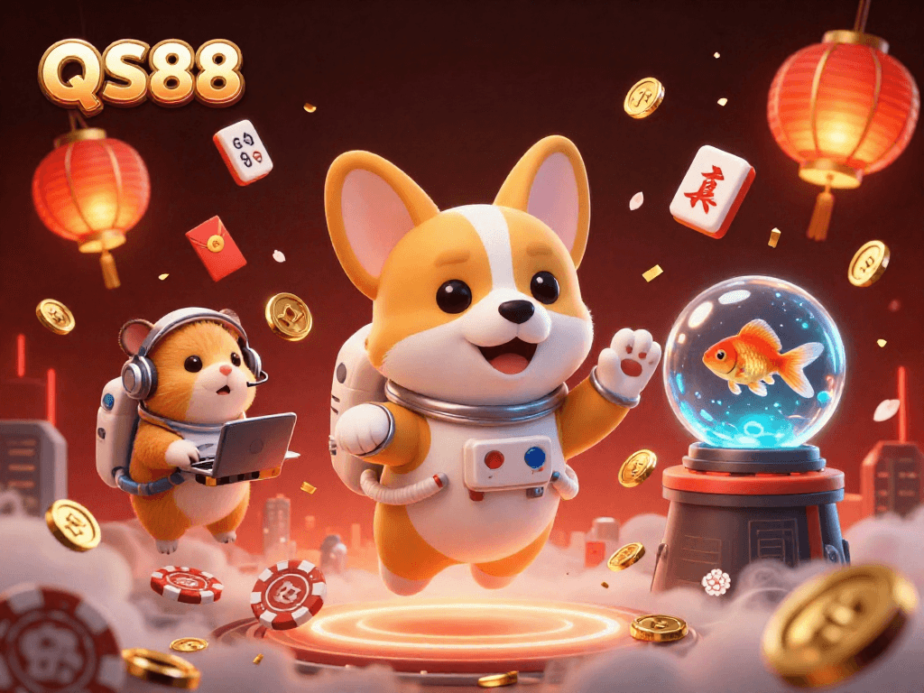 Engage in thrilling gameplay at QS88 with a vibrant 3D illustration showcasing a casino space theme.