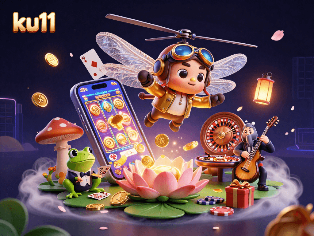ku11 engages players with a vibrant 3D illustration of dynamic casino elements, including card dealing and slot machines.