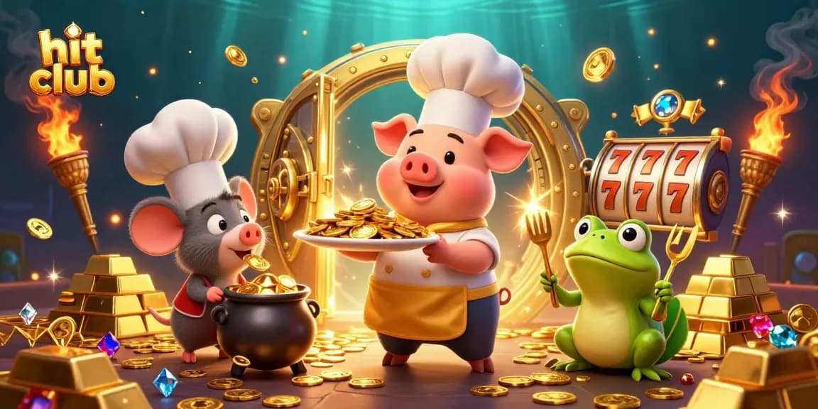 Engage in thrilling gaming at hit club with a chef pig serving golden coins amidst vibrant casino elements.