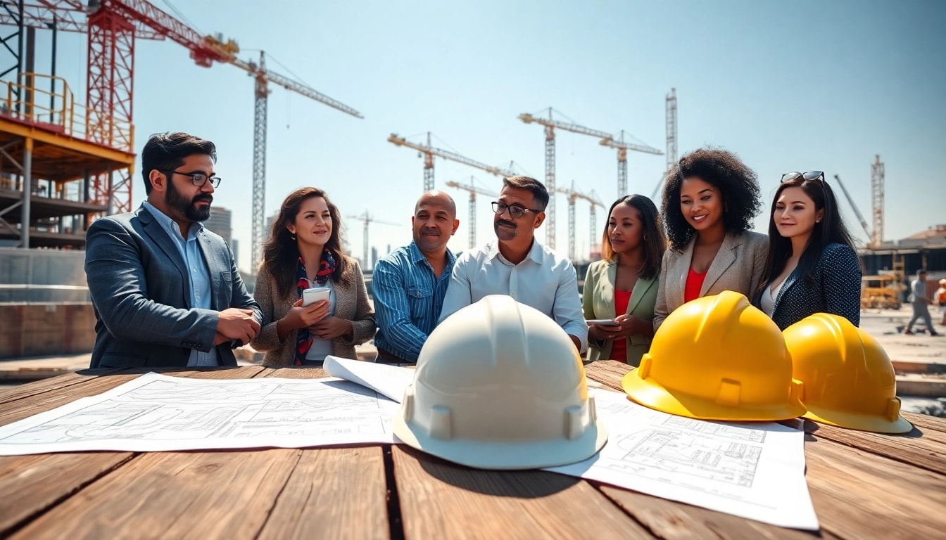 Engaging group in construction advocacy collaborating over blueprints on site.