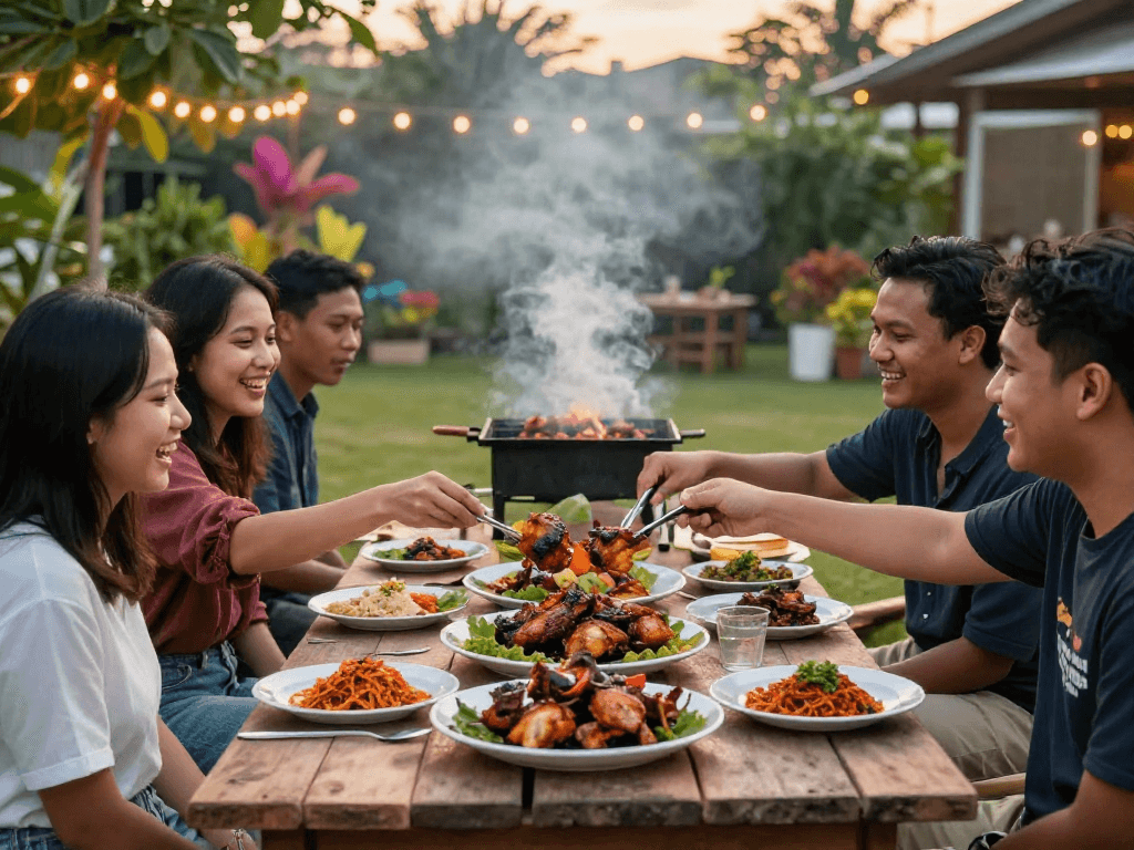 rokok 88 grilled ayam bakar served with sambal rawitan in a vibrant outdoor barbecue gathering
