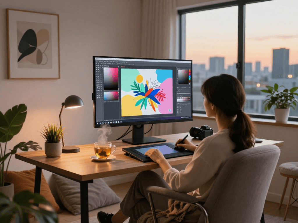 Creative individual at a vibrant digital workspace, exploring nsfw art themes with warm ambient light.