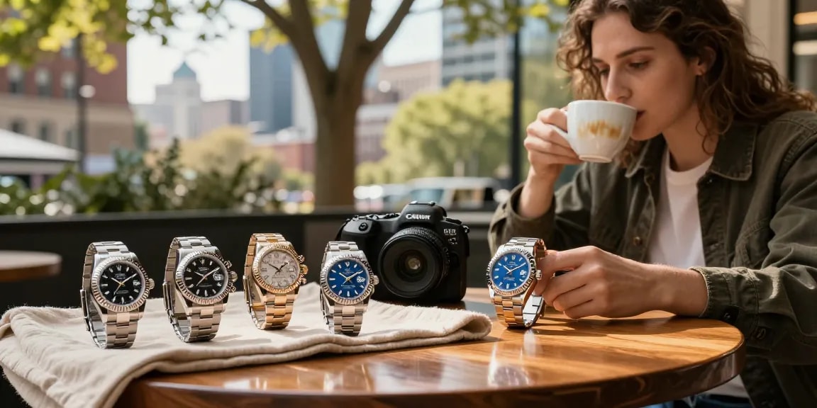 Rolex super clone watches displayed in an urban café setting, highlighting luxury and craftsmanship.
