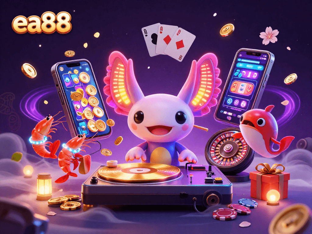 Spin the reels and win big at ea88 with neon axolotl DJ surrounded by vibrant gaming elements.