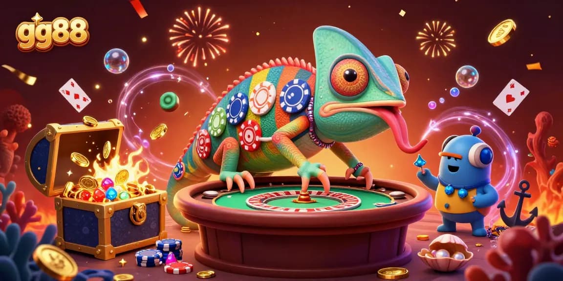 Experience thrilling gameplay at gg88 with a vivid chameleon casino owner and exciting game elements.