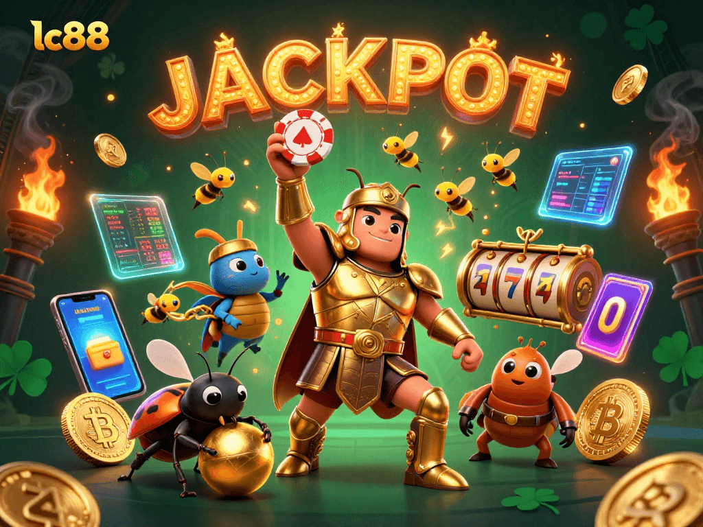 Celebrate lc88's victory with a 3D cartoon beetle in armor triumphantly lifting a poker chip above a casino scene.