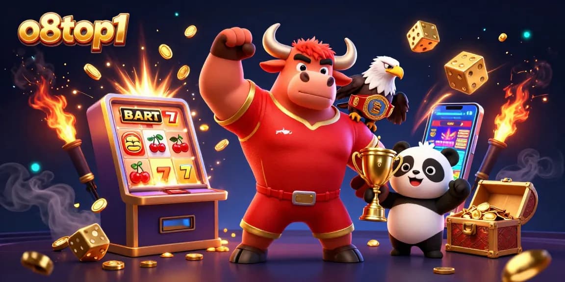 Experience exciting wins at o8top1 with a vibrant illustration of casino elements and victorious mascots.
