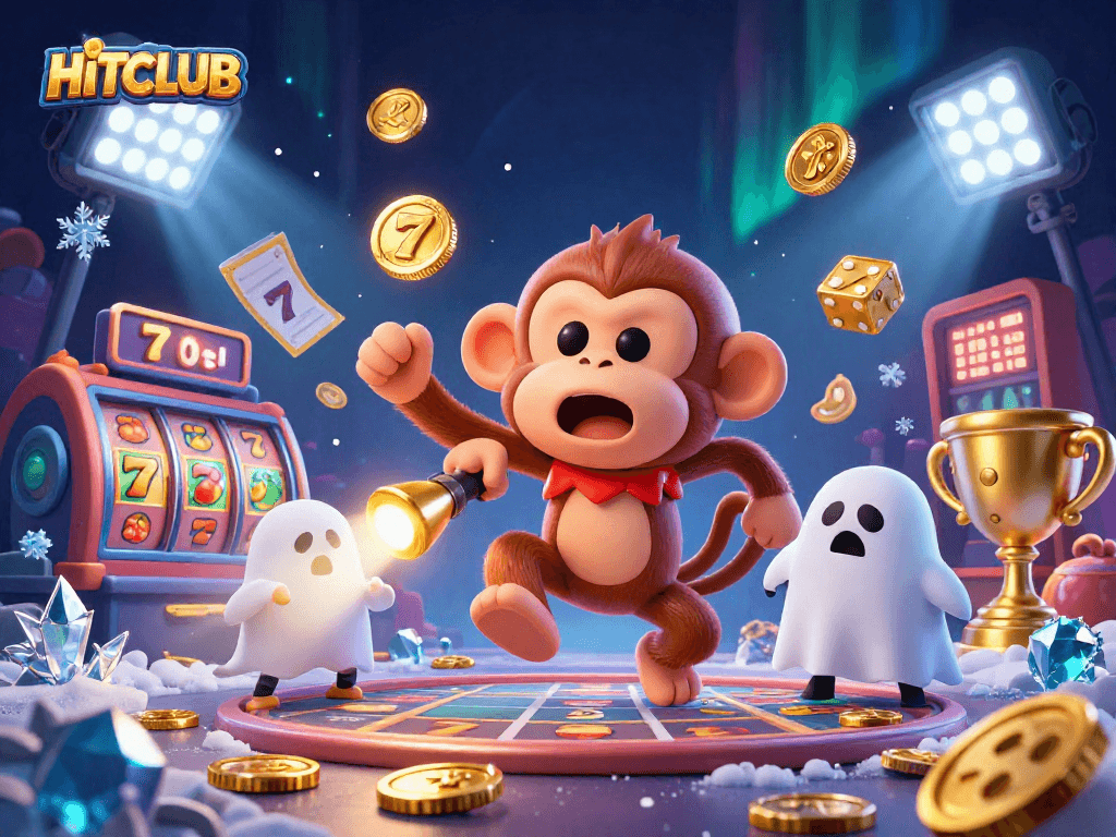Experience winning thrills with HITCLUB’s lively casino atmosphere, featuring animated characters and golden gaming elements.