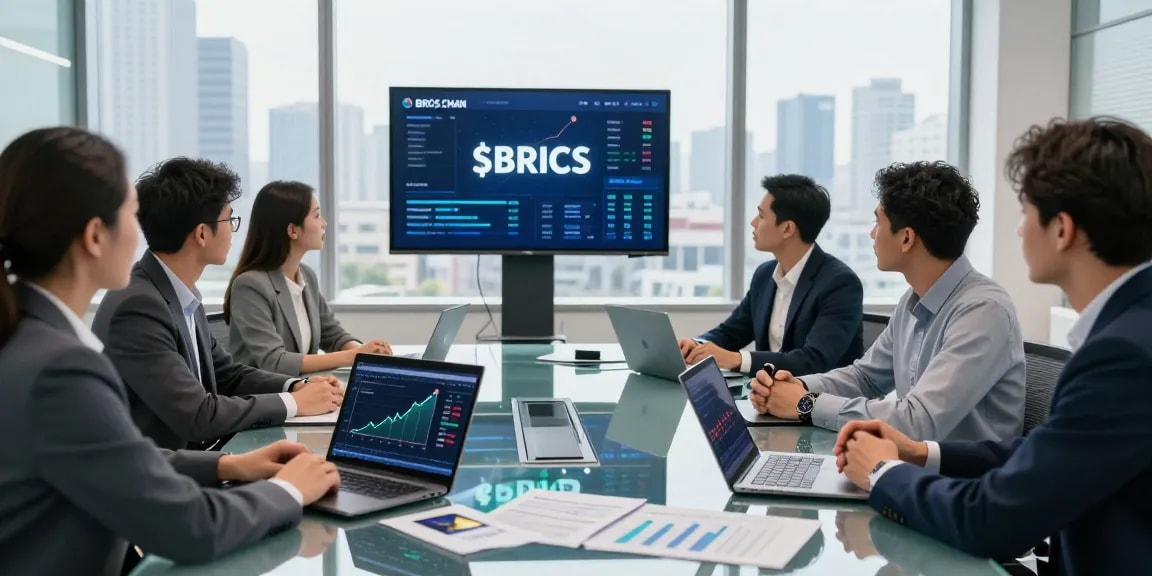 Investors discussing strategies to Buy BRICS coins in a modern conference room.
