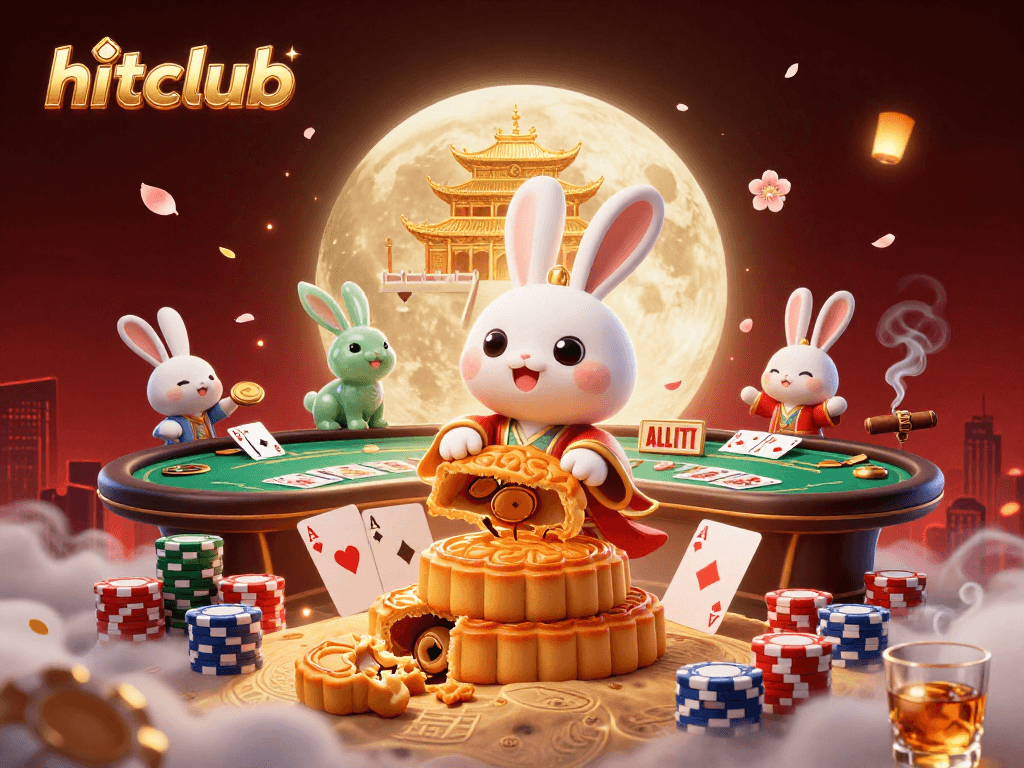 Join the adventure with hitclub in this vibrant casino-inspired moon scene of poker chips and gaming.