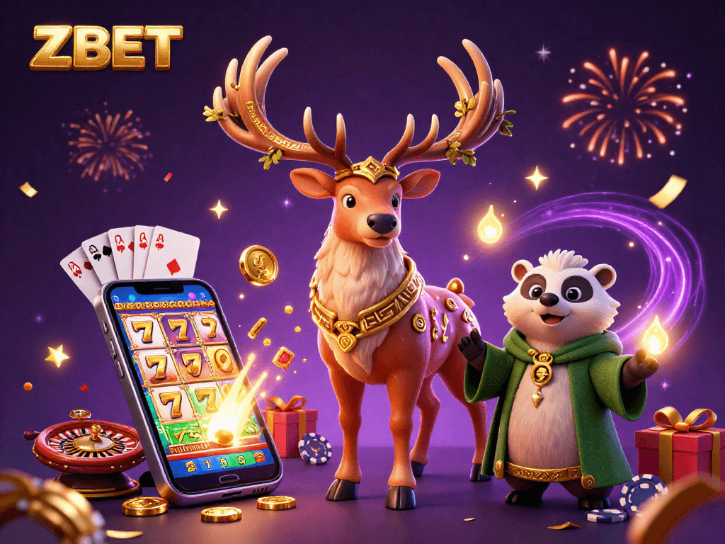 ZBET showcases a festive 3D scene with a druid and badger celebrating casino themes like slots and roulette.