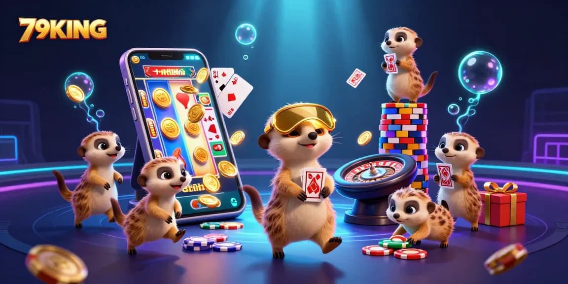 79KING meerkats manage a vibrant casino scene filled with action and excitement.