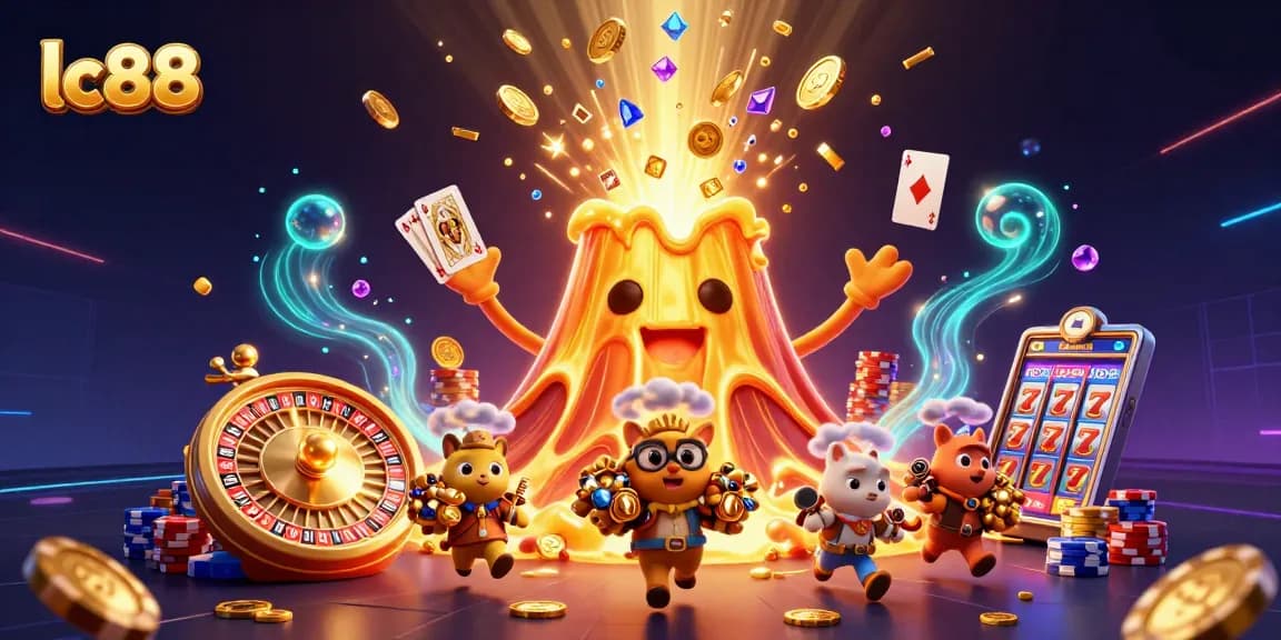 Experience excitement at lc88 with a golden volcano erupting coins and treasures in a vibrant casino scene.