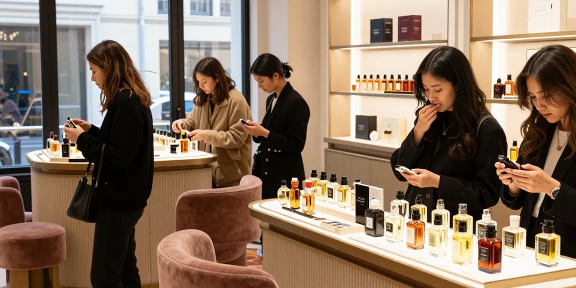 Discovering Razavage's affordable luxury fragrances in a chic boutique setting.
