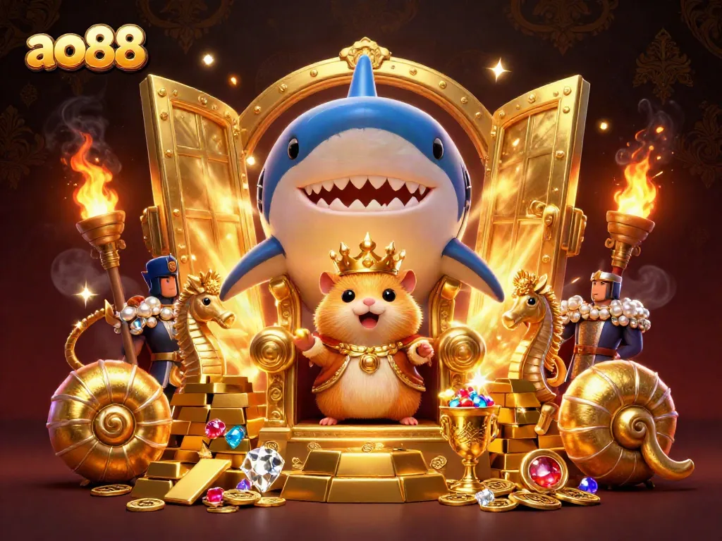 Experience the thrill of ao88 with the golden hamster king and treasure in a vibrant casino scene.