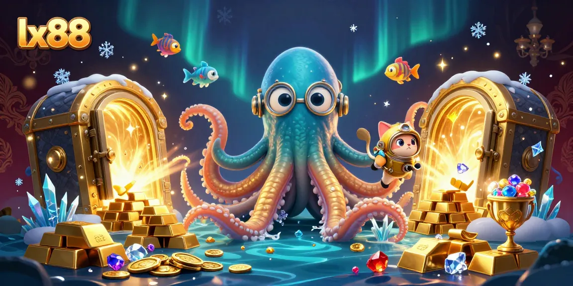 Experience exhilaration at lx88 with a cartoon kraken and diving cat in an underwater treasure scene.