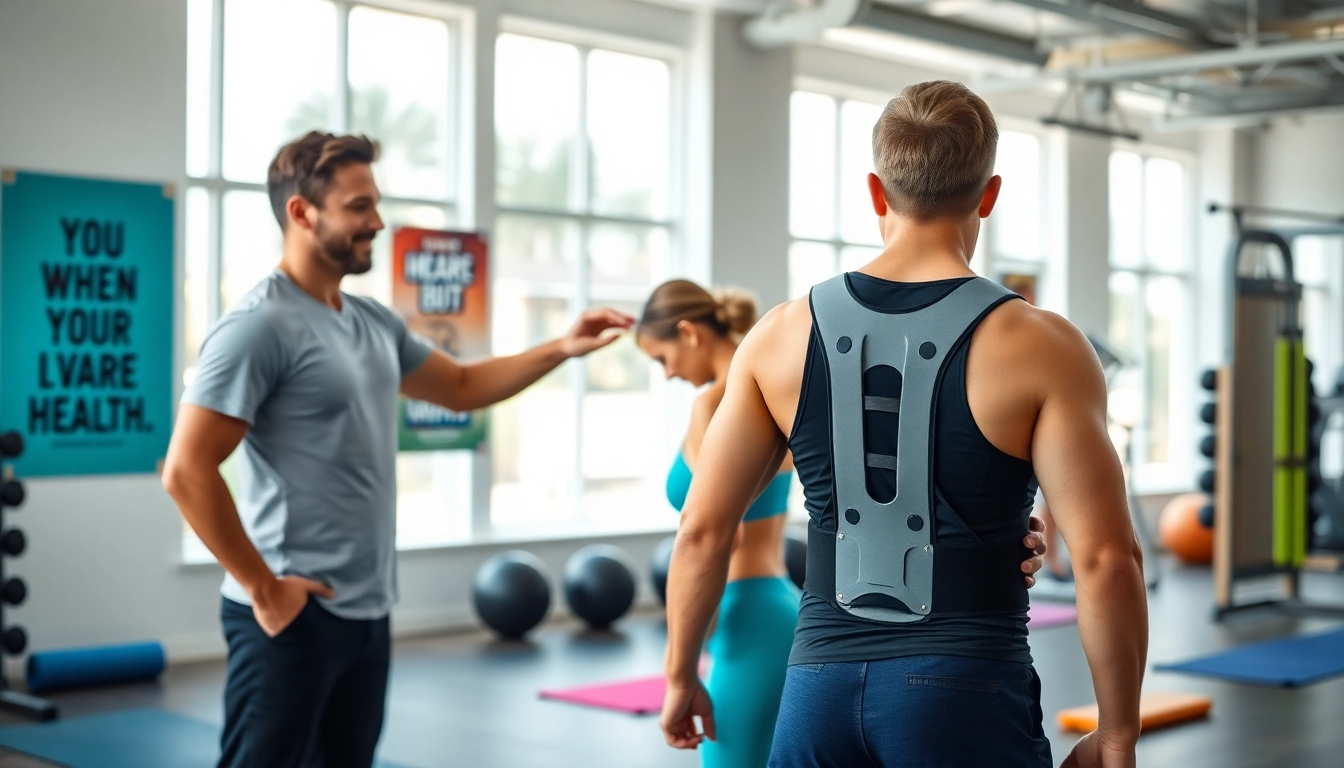 Trainer fits a posture corrector on a model in a bright gym, emphasizing proper posture.