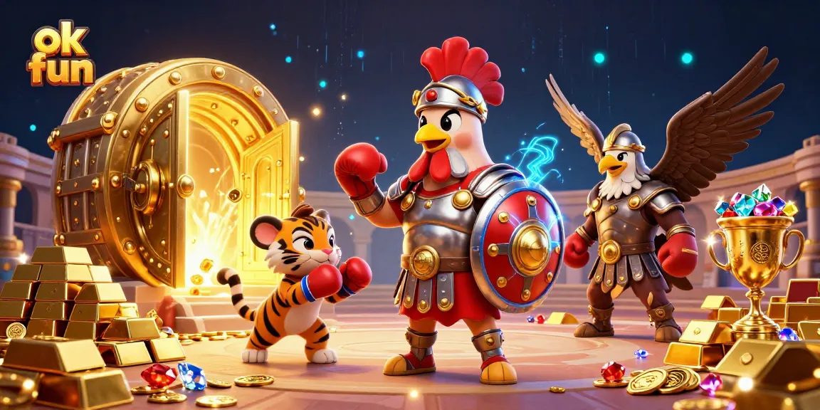 Experience the thrill of winning at ok fun with gladiator rooster and jewels in a dynamic casino scene.