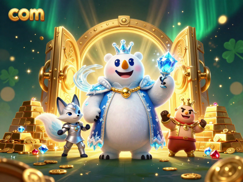 Engage with the thrilling world of com, illustrated by a magical scene featuring an ice king polar bear and snow fox amidst treasures.