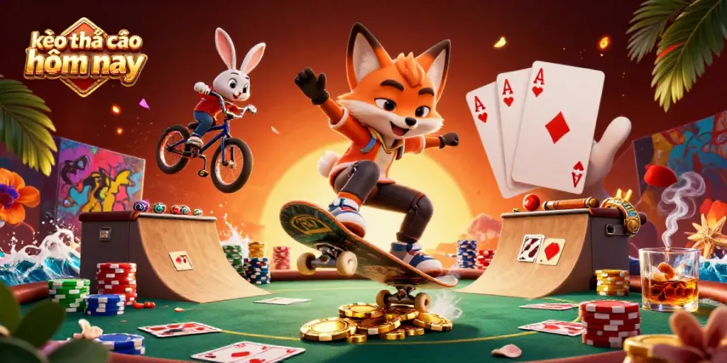 Experience kèo nhà cái hôm nay with dynamic action scenes featuring a fox and rabbit in a lively casino setting.