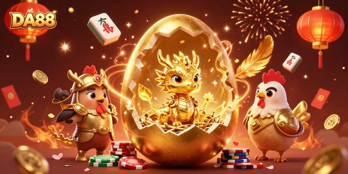 Spin to win with DA88, featuring a golden dragon and poker chips surrounded by festive casino elements.