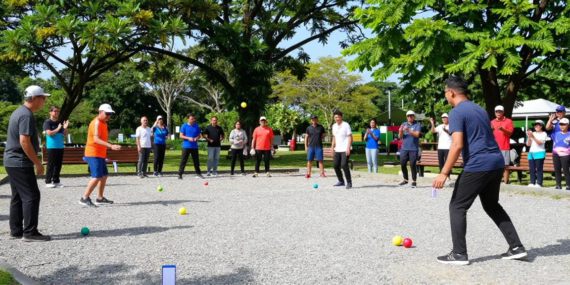 FOPI Kota Tarakan community members enjoying a lively petanque game, showcasing vibrant teamwork and sport.