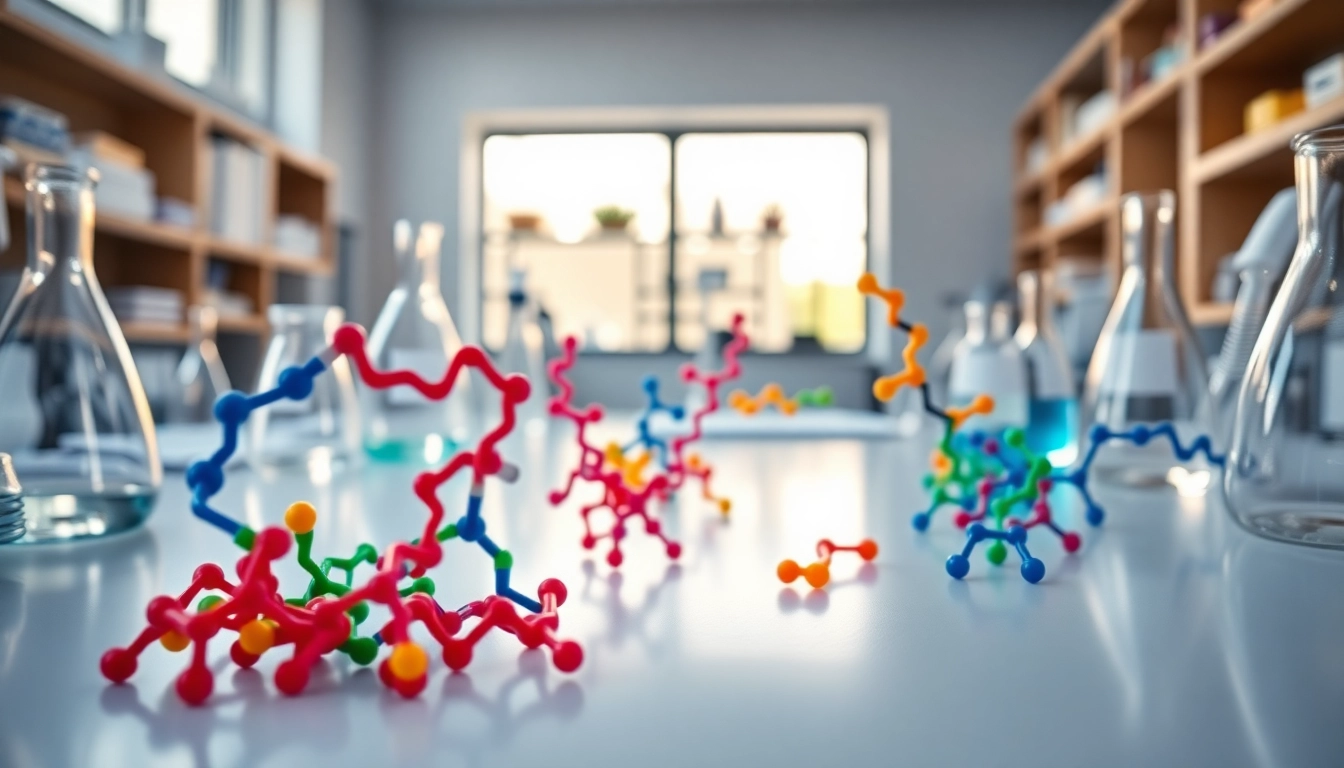 Visualize molecules of Peptides in a vibrant lab scene showcasing research equipment.