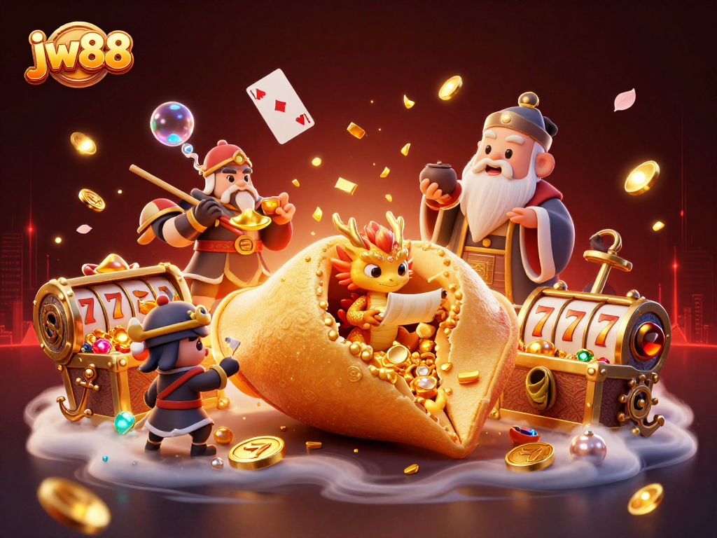 Win big at jw88 with an enchanting scene of fortune cookies, golden dragons, and vibrant casino elements.