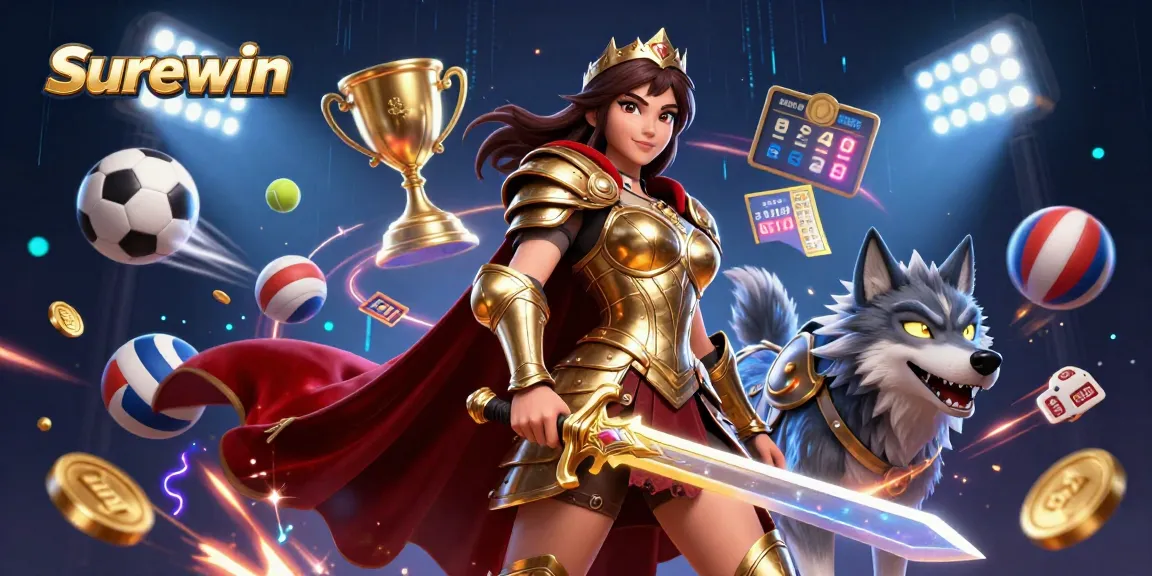 Engage with Surewin's thrilling gaming scene featuring a warrior queen and vibrant sports elements.
