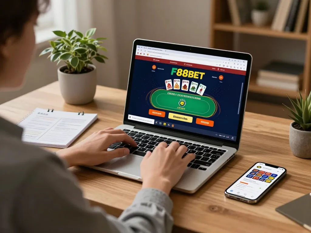 Engaging in F88BET online poker game at home, showcasing strategic gameplay and comfortable setup.